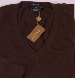 Gucci Sweater $640 Dark Brown Logo Embroidered V Neck Pullover Jumper
