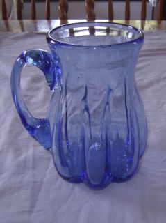 VINTAGE HAND BLOWN GLASS COBALT BLUE RIBBED PATTERN PITCHER PILGRIM