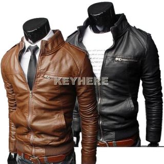 Men Korea Faux PU Leather Long Sleeve Zippered Jacket Coat Black Brown