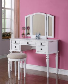 PC Elegant White Finish Vanity Table Mirror & Stool Makeup Set