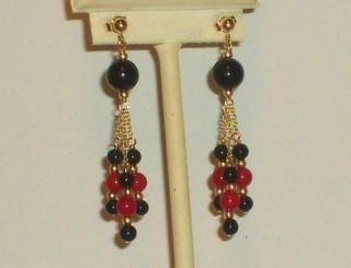 14K solid gold red coral & black onyx elegant earrings