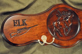 Cherry Wood Elk Hunting Carving Trophy Plaque Taxidermy Panel Coat Hat