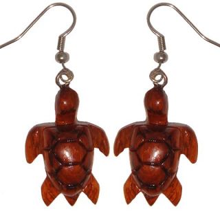 Hawaiian Jewelry Honu Turtle Koa Wood Hand Carved Earrings from Maui