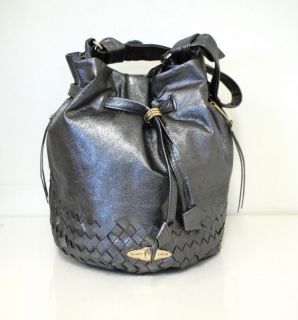 Elliott Lucca Silver Leather Bucket Drawstring Handbag Woven Intreccio