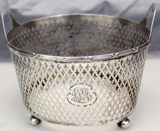 L265 Antique Sterling Silver R Wallace Sons Reticulated Handled Basket
