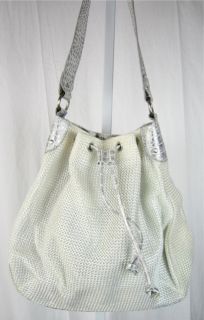 Emilie M White Woven Fabric Shoulder Handbag Faux Leather Silver Trim