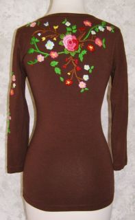 Elam Brown Colorful Embroidered Floral Stretch Top s Fitted V Neck