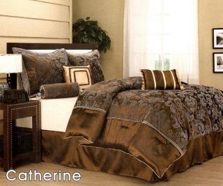 PC Elegant Floral Bed Comforter Set Queen Bronze Grey