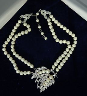 Emmons Rhinestone Faux Pearl Choker Necklace Vintage Signed