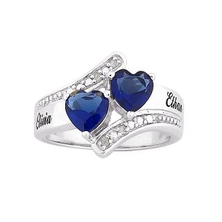 Sterling Silver Couples Birthstone Color Crystal Hearts and Name Ring