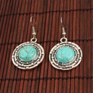 Elegant Turquoise Round Earrings Eardrop Dangle Alloy & Antique Silver