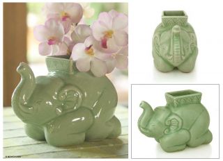 Kneeling Elephant Celadon Ceramic Art Thai Vase Novica