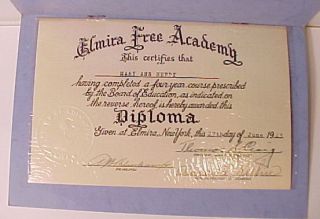 1945 Diploma Elmira Free Academy New York