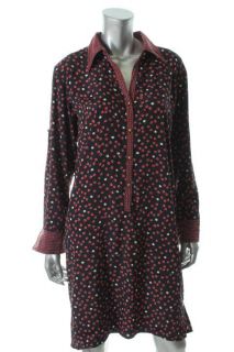 Ellen Tracy Navy Printed Button Front Adjustable Sleeves Casual Dress