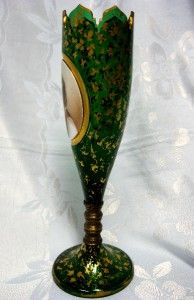 Antique Moser Bohemian Vase Green Glass Porcelain Hand Painted Cameo