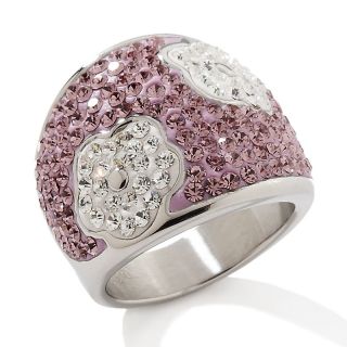 Stately Steel Amethyst Color and Clear Flower Design Dome Ring