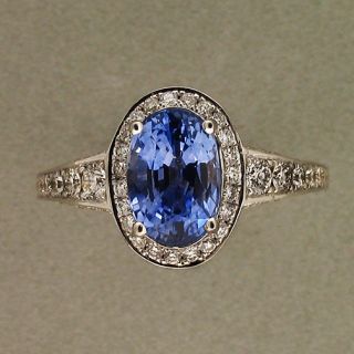 82 ELONGATED OVAL VIOLET BLUE SAPPHIRE 18K WHITE GOLD HALO PAVE