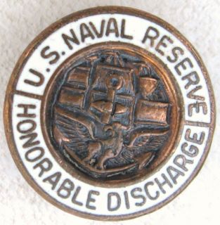  US NAVAL RESERVE HONORABLE DISCHARGE WHITE ENAMEL ROUND LAPEL PIN OLD