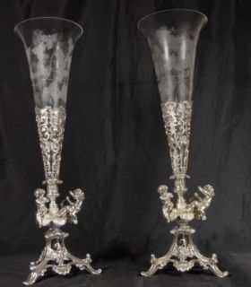 Pair English Silver Plate Cherub Rose Vases Silverplate