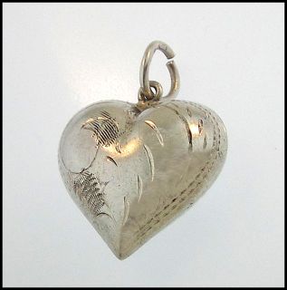 Plump Puffy Heart Charm Hand Engraved Vintage Sterling Silver Pendant