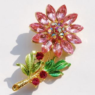 6Colors Flower Brooch Pin Golden Acrylic Faceted Crystal Enamel