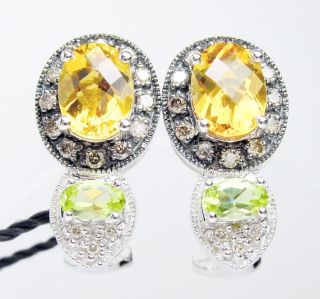 New 14kt White Gold Earrings Citrine Peridot Chocolate Diamonds by