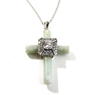 Jade of Yesteryear Green Jade and CZ Sterling Silver Cross Pendant