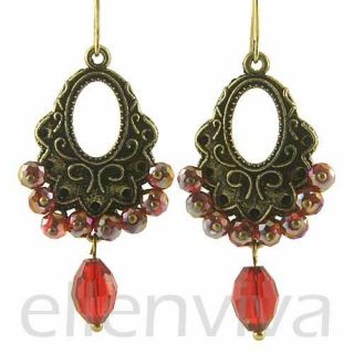 Elegant Red Beads Drop Dangle Earrings Jewelry Vintage Gold Tone
