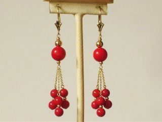 14k Solid Yellow Gold Natural Red Coral Elegant Earrings