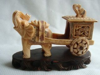 Chinese Eximious Ox Bone Figurine Cute Elephant Pull Carriage Statue