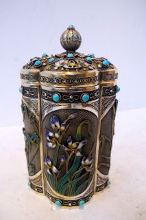 CHINESE EXPORT LARGE GILDED SILVER TEA CADDIE WITH REAL TURQUOISE AND