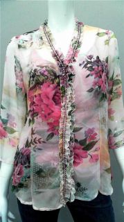 Faith Vintage Ladies Womens XS Soft Jewel Neck Blouse Top Pink Floral