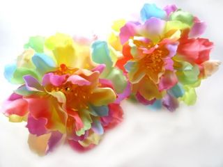 Artificial Silk Rainbow Peony Flower Heads 4 for Hair Clip Wedding