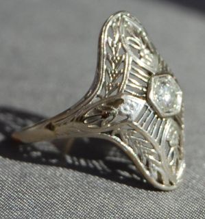 Estate Antique Classic Filigree Mine Cut Diamond 14kt White Gold Ring