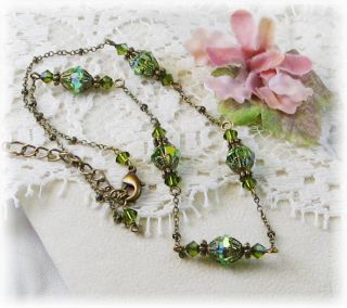  Green w Swarovski Crystal Choker Jewelry Vtg Necklace Lovely