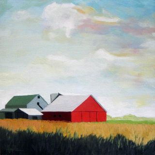 RED BARN Farm and sky LANDSCAPE Original Oil Painting by L. Apple