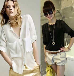 Fashion Women Simple Basic Sheer Chiffon T Shirt Blouse with Pockets 2
