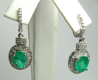  Art Deco Inspired Colombian Emerald Diamond Dangle Earrings 14k