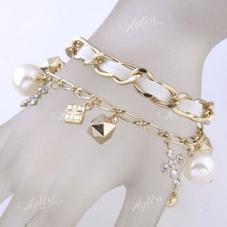 White Faux Pearl Cross Charms Beads Chain Bracelet Adjust Korean Vogue