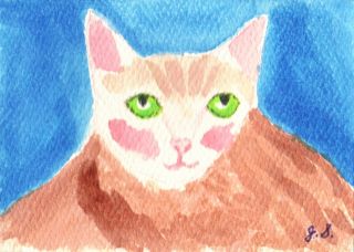 Green Eyed Fat Cat aceo original art watercolor painting Jane