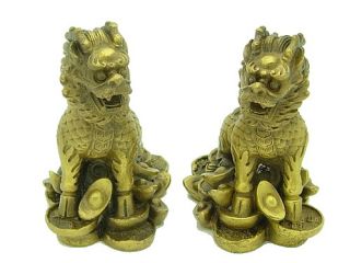 Pair of Feng Shui Brass Chi Lins Sitting on Treasures