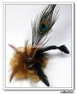 Women Party Fabric Flower Layers Feather Decor Brooch Pins Hair Clip