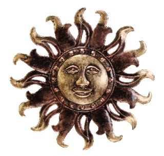 Bronze Colored Sun Face with Curling Rays Metal Wall Sculpture