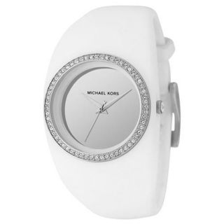 Michael Kors MK5230 Womens White Strap Crystal Accented Bezel Silver