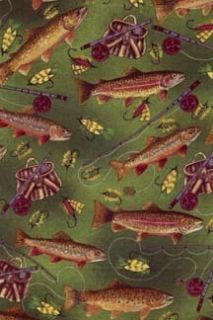 Trout Fishing Sport Fish on Green Poles Lures Gear Cotton Fabric Print