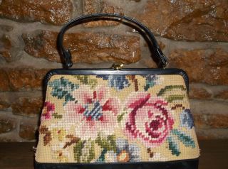 Vintage Tapestry Leather Clutch Hand Bag 40s 30s 70s Boho Carpet
