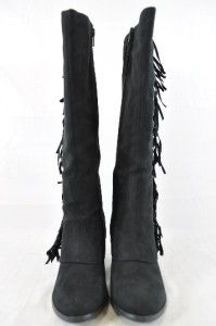 Fergalicious Lucy Black Faux Suede Knee High Stacked Heel Boot Fringe