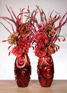 Modern Red and Bronze Flower Floral Arrangement in Red Swirl Vases Set