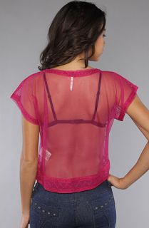 Free People The Vicki Lace Embroidered Mesh Crop Top in Pink Orchid