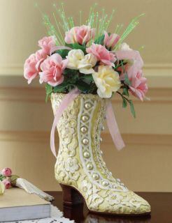Victorian Boot Vase W/ Fabric Flower Bouquet Ladys Fancy Home Decor